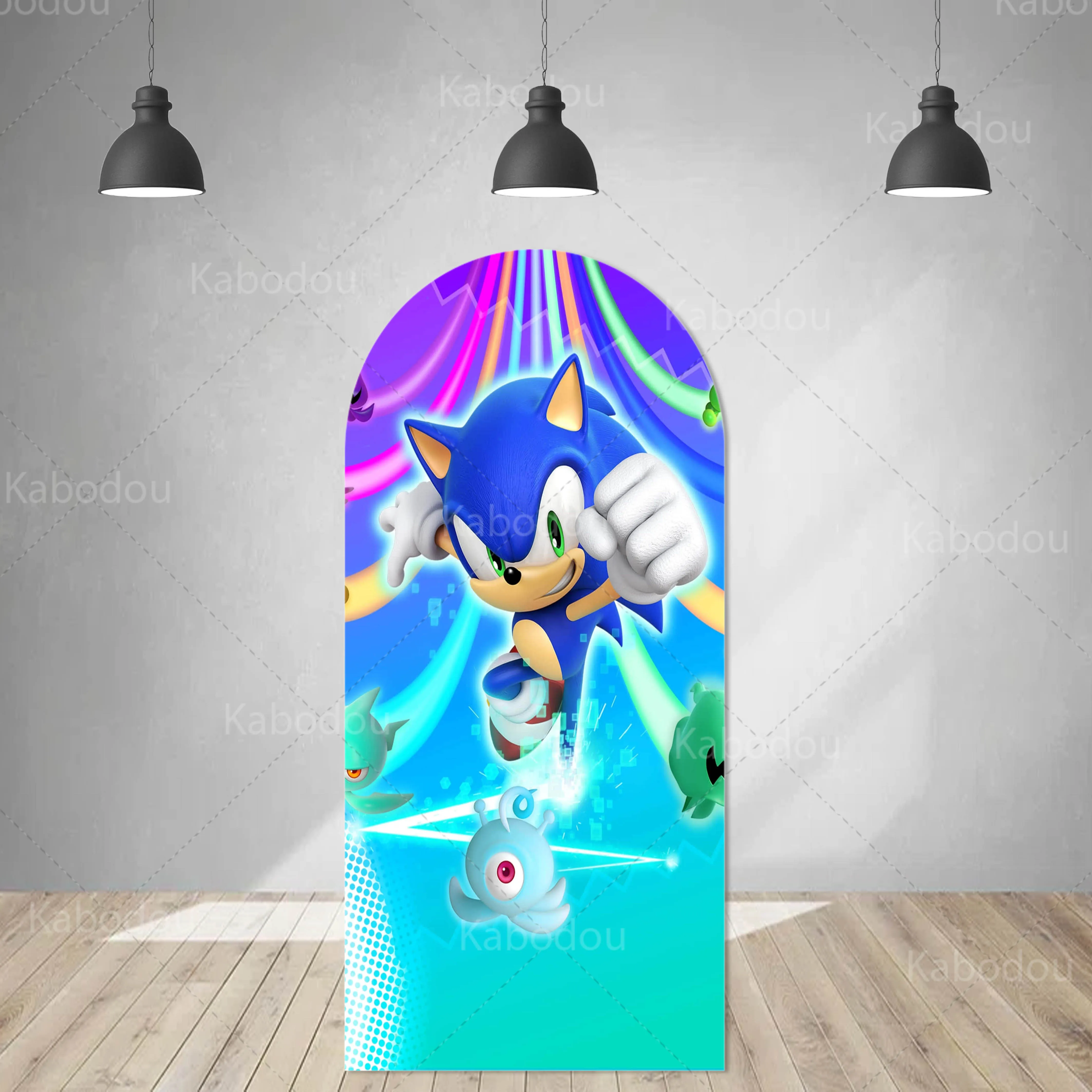 thumbnail image 1 of Arco de fondo azul de Sonics con doble cara de erizo para decoración de fiesta de cumpleaños de niños, fondo para fotografía de baby shower, utilería para estudio, 1 of 5