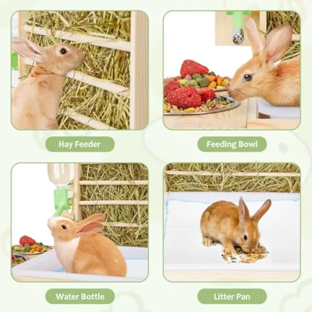 4 in 1 Rabbit Hay Feeder with Litter Box Small Animals Hay Rack with Water Bottle and 2 Bowls Wooden Bunny Hay Holder Feeder To