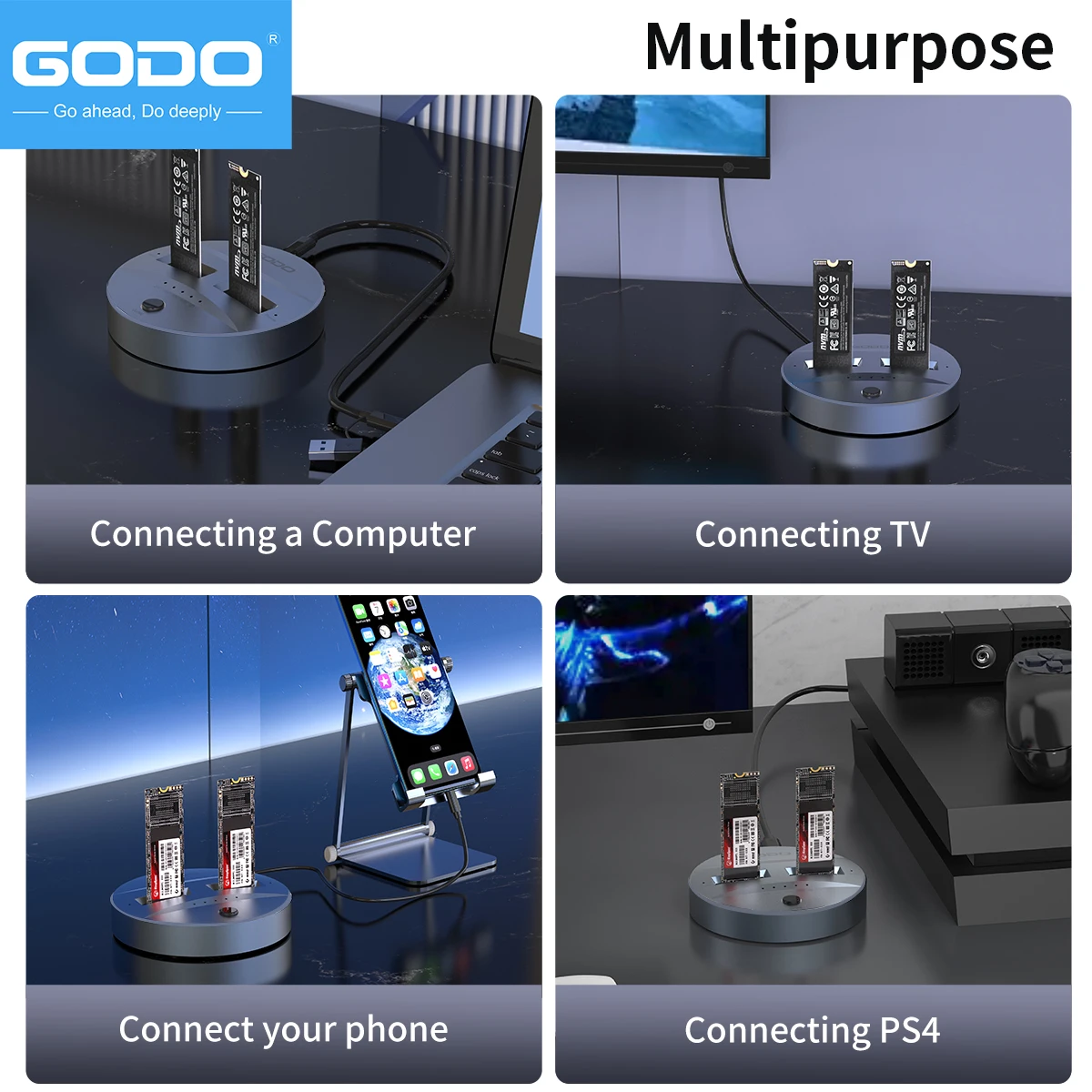 HDD Docking Station GODO NVMe/SATA M.2 Duplicator Dual-Bay Offline Clone USB C to NVME/SATA Docking Station For M2 SSD M Key and B+M Key Hard Drives