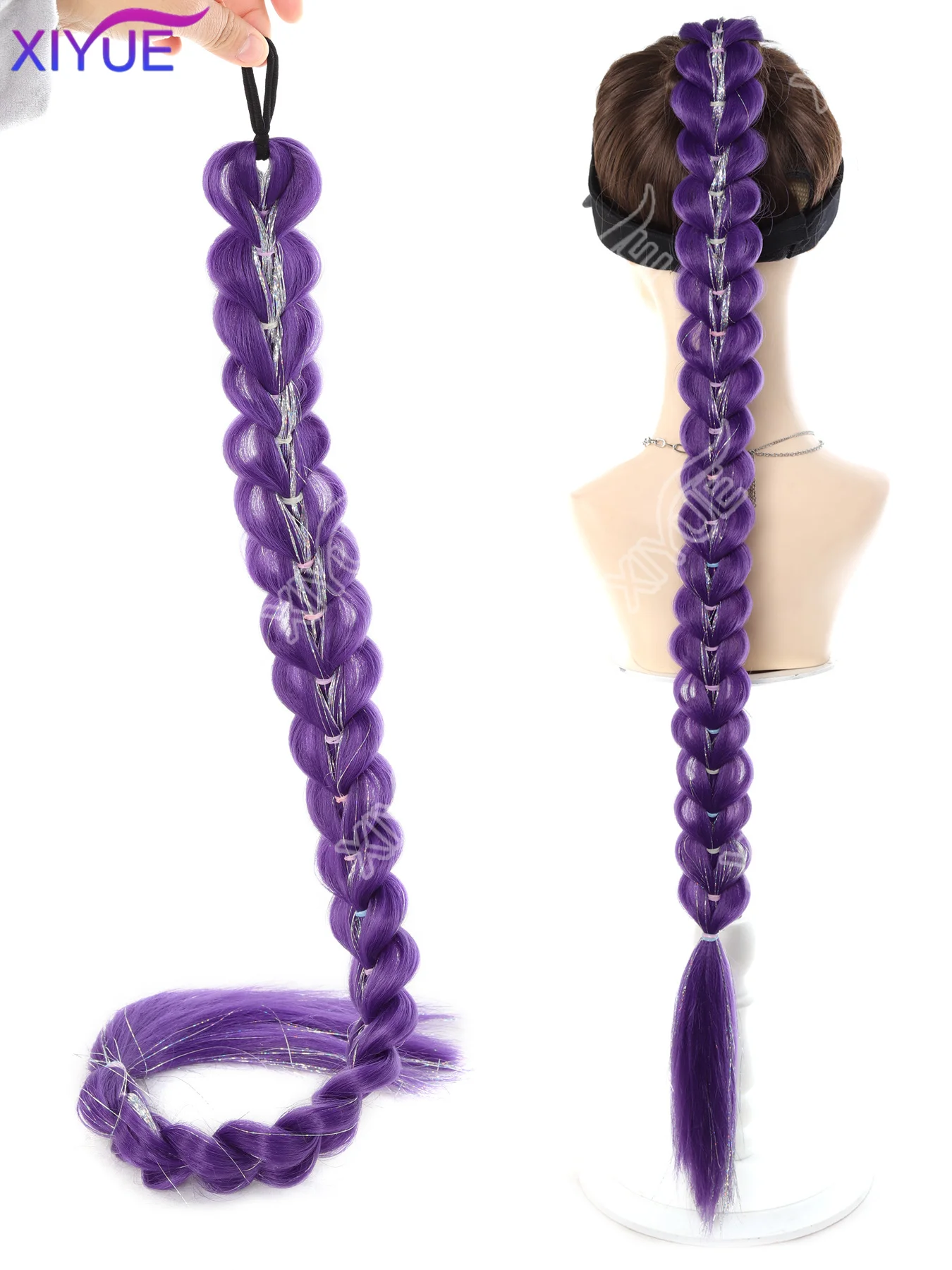 Synthetic purple+Silver thread braid wig for girls and women cosplay party Halloween gifts Ponytail wig