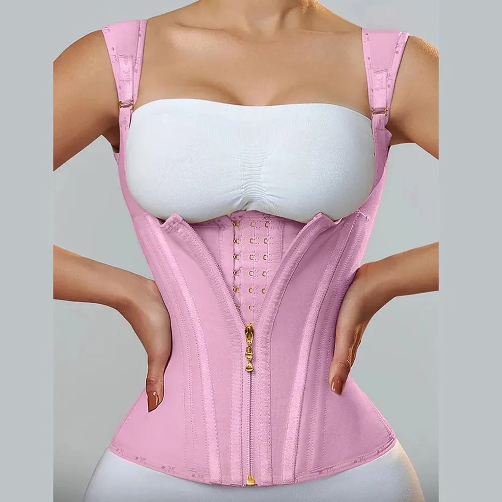 

Fajas Colombianas Women Double Compression Waist Trainer Corset with Bone Adjustable Zipper and Hook-eyes Flat Belly Body Shaper