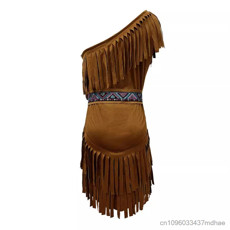 Abito con Frange Stile Nativo Americano, Monospalla con Cintura, Costume da Principessa per Donna, Outfit per Feste e Spettacoli - immagine 2