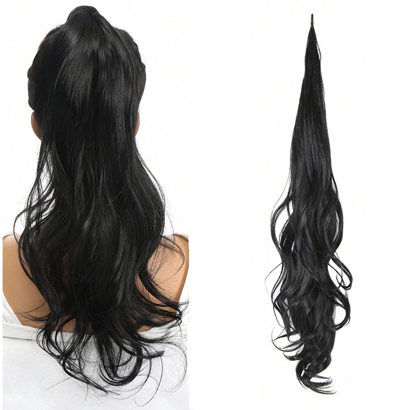 Beauty Ponytail 32 Inch Flexible Wrap Around Ponytail Extension Long Ponytail Hair Synthetic Curly  Black Hairpiece Ponytail
