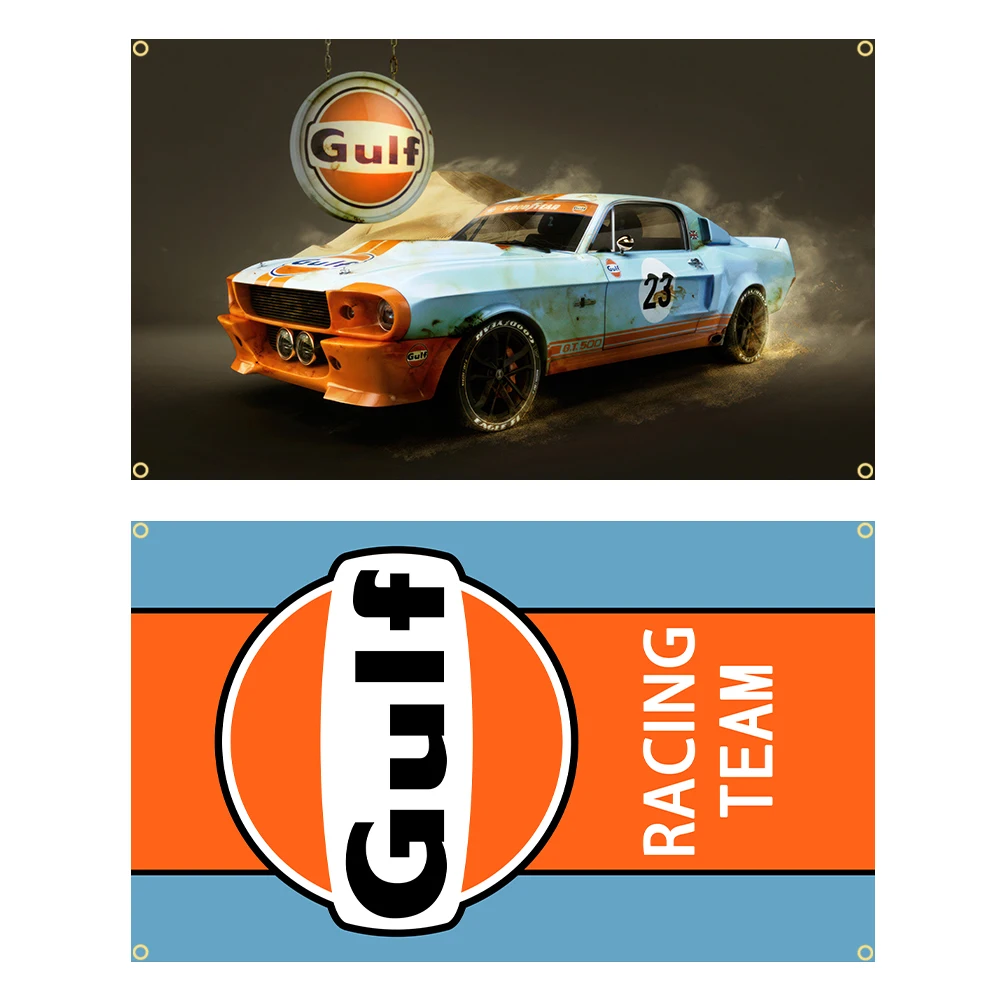 90x150cm Gulfs Oil Racing Car Flag Polyester Printed Decoration Banner Tapestry Jemony