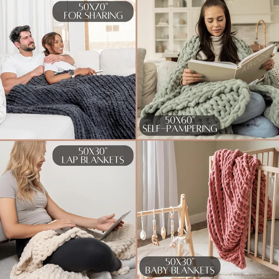 Chunky Knit Blanket Throw 50x60 Brown Chenille Thick Yarn Knitted Blanket for Living Room Decor or Boho Style Cable Knitted Cro