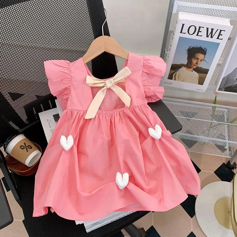

Cute Girl Dress 2023 Summer New Flying Sleeve Bow Princess Dresses Korean Fashion Kids Baby Girl Clothes