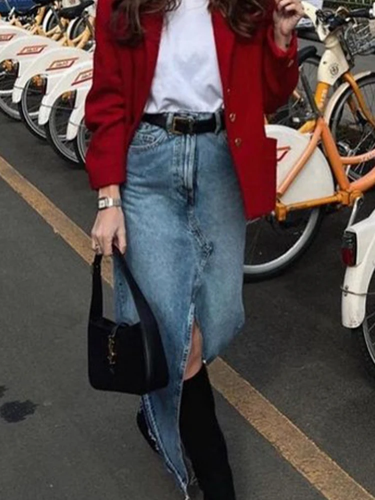 【NONCODE】Poly vintage denim long skirt Women Summer Vintage Long Denim Skirt Solid High Waist A