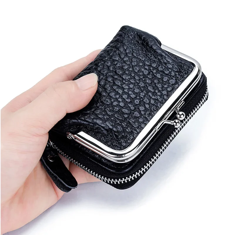 2 in 1 Change Purse Wallet Credit Card Holder with Coin Purse for Women Genuine Leather Wallet for Girl with Metal Frame Clasp