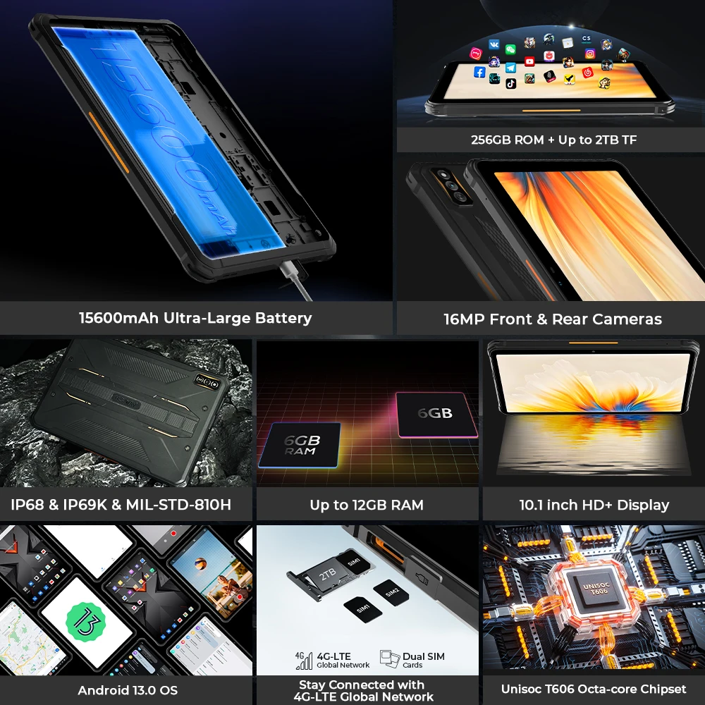 Global HOTWAV R7 Tablet Rugged Android 13 10.1'' HD+ 15600mAh ipad 12GB(6+6) 256GB 16MP+16MP TG Reverse Charge 20W Original 2