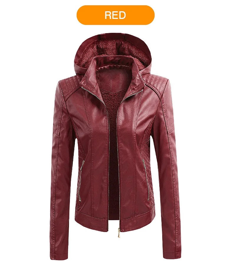 Autumn Winter PU Leather Jacket Women Detachable Hooded Collar Fur Lining Keep Warm Windbreaker Suede Coat Women Biker Outerwear long bubble coat