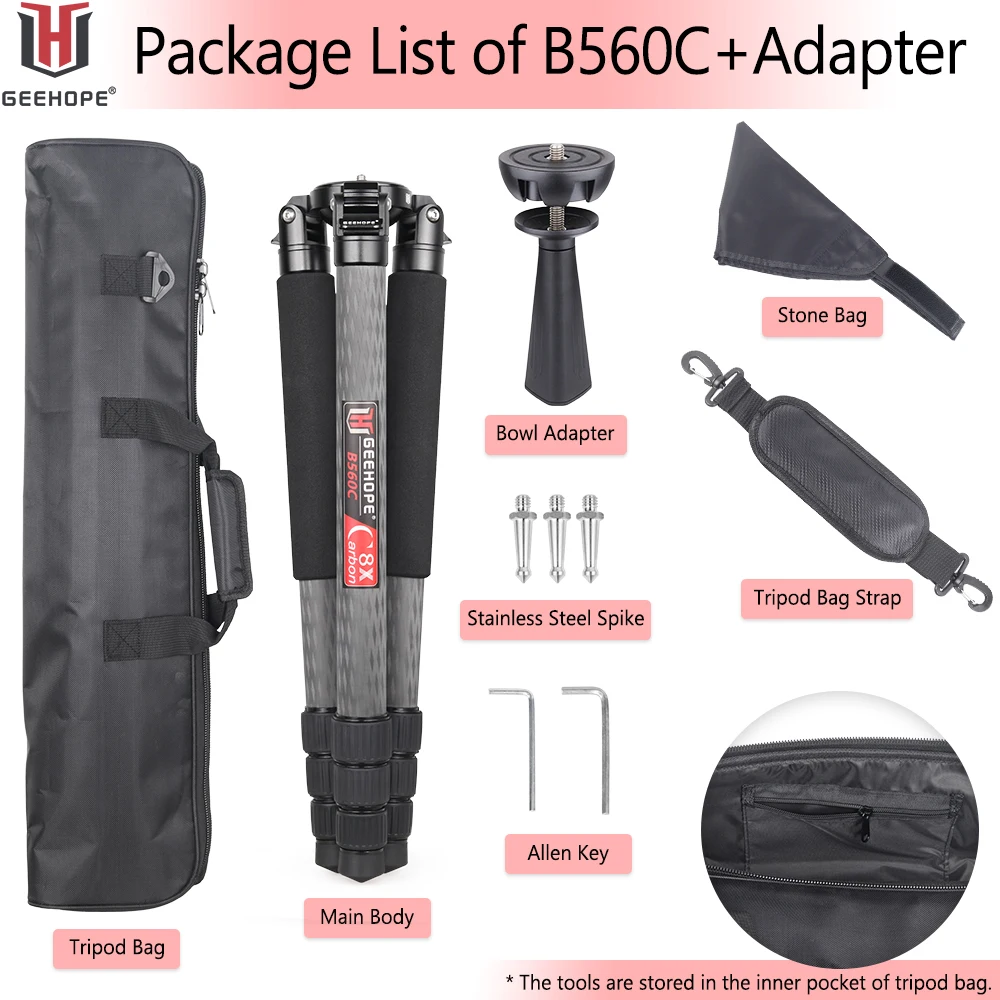 GEEHOPE B560C 전문 무거운 탄소 섬유 카메라 삼각대 슈퍼 안정적인 상단 조류 관찰 브래킷 40mm 튜브 30kg 최대 부하