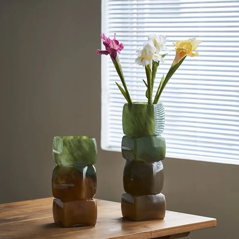 Glass Vase Geometric Square Stacking Marbling Gradient Flower Vase Floral Arrangement Accessories Terrarium Flower Pot