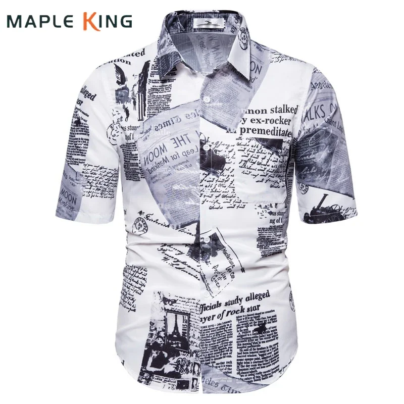 

Vintage Shirt For Men Casual Postmark Newspaper Print Short Sleeve Hawaiian Shirts Streetwear Men Korean Clothes Blusa Masculina