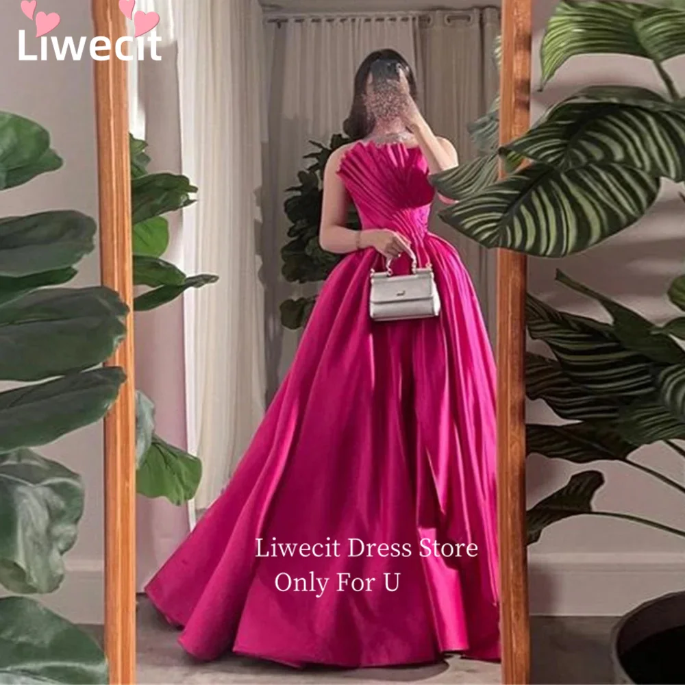

Liwecit Ruffled Strapless Satin Evening Dresses Floor Length A-line Prom Dresses Party Dresses Sleeveless فساتين مناسبة رسمية