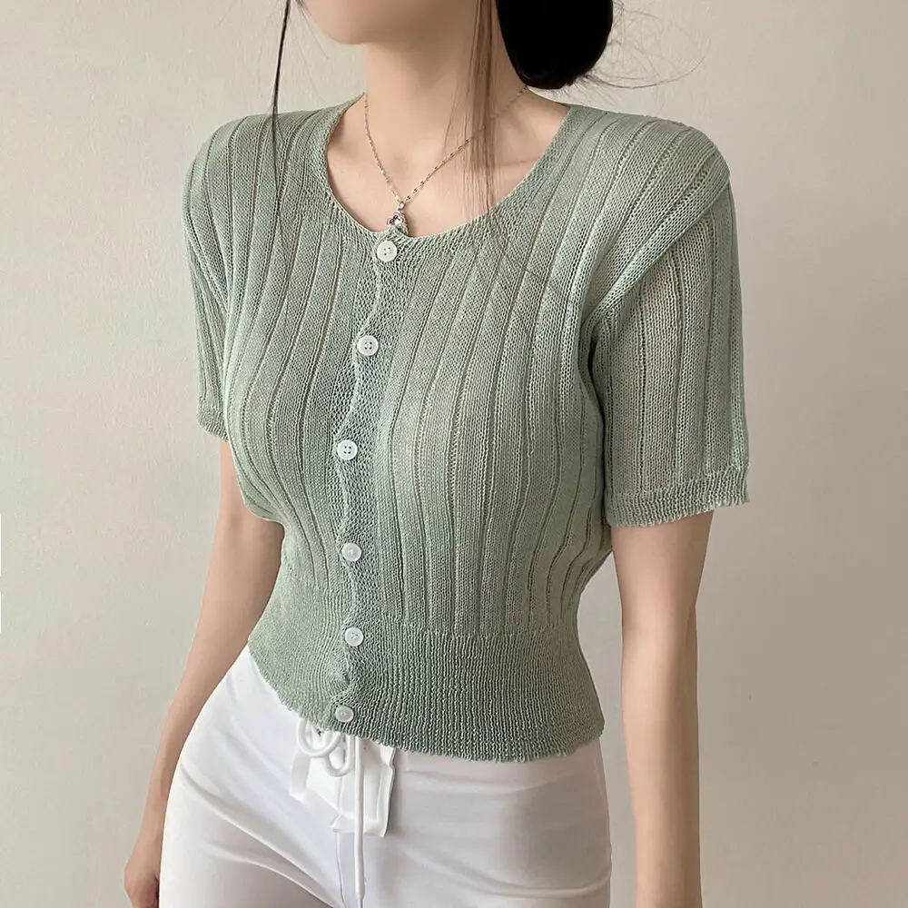 

Make spot with cool and refreshing summer thin rib round button hole knitting cardigan of brief paragraph sweater with short sle