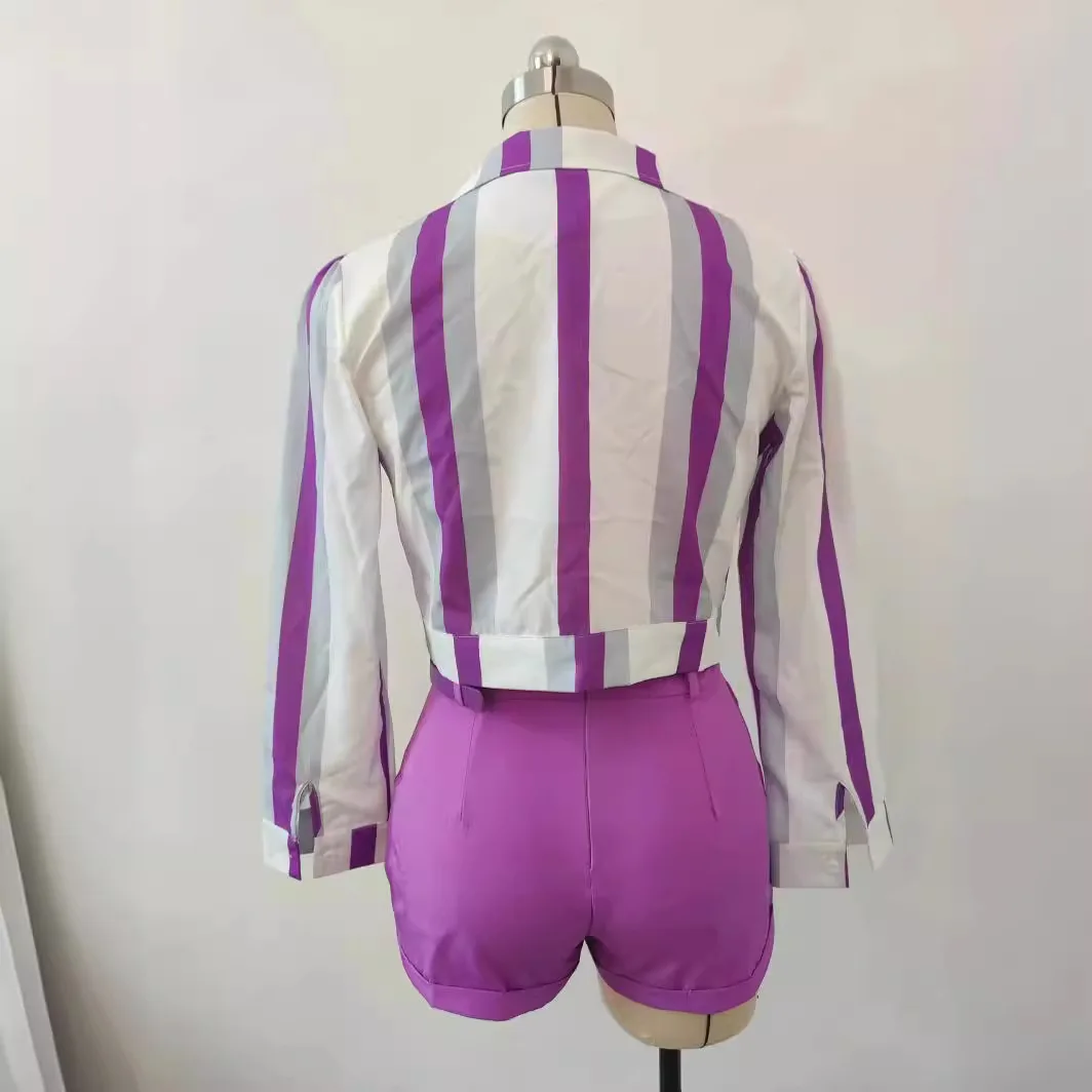Stripe Digital Printed Short Sets Lace Up Suit Collar Shirt 2 Piece Sets For Women 2 Pieces Set Women Outfit Women's Summer Suit