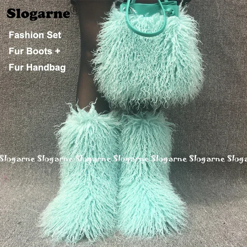 2023 New Fashion Handbag Women Outdoor Stivali Di Lana Sintetica Stivali Di Pelliccia Di Lusso Donna Furry Bag Girls' Fluffy Curly Boots Portafoglio B