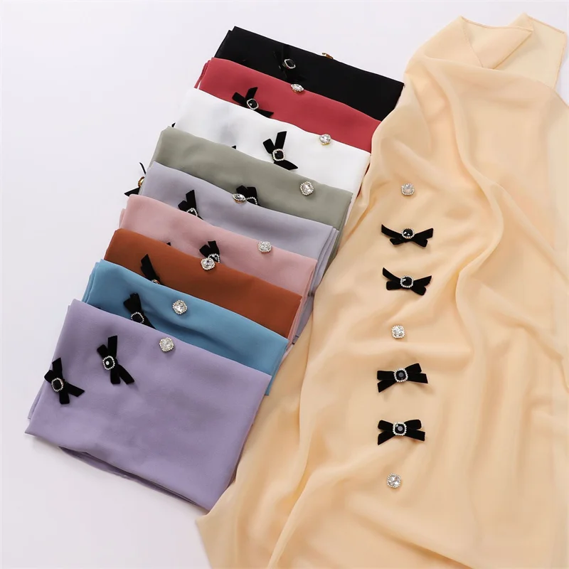 Plain Solid Bowknot Diamond Bubble Chiffon Instant Hijab Shawls Lady Wrap Square Bufandas Ramadan Islamic Muslim Sjaal 90*90Cm