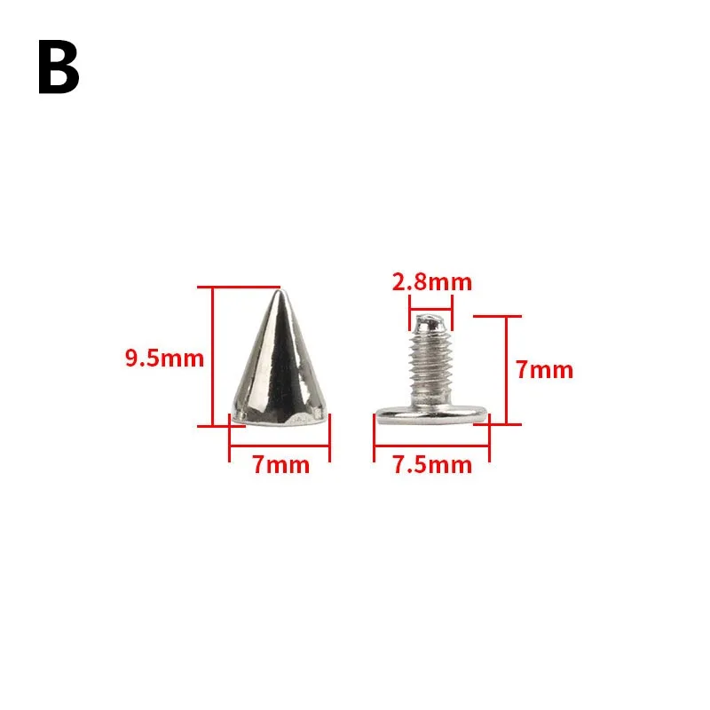 Description Picture 4 of item10 Sets Alloy Spikes Screw Cone Studs Silver Punk Rivets DIY Bolt Head Nail Buckles Clothes Garment Shoes Leathercraft Decor