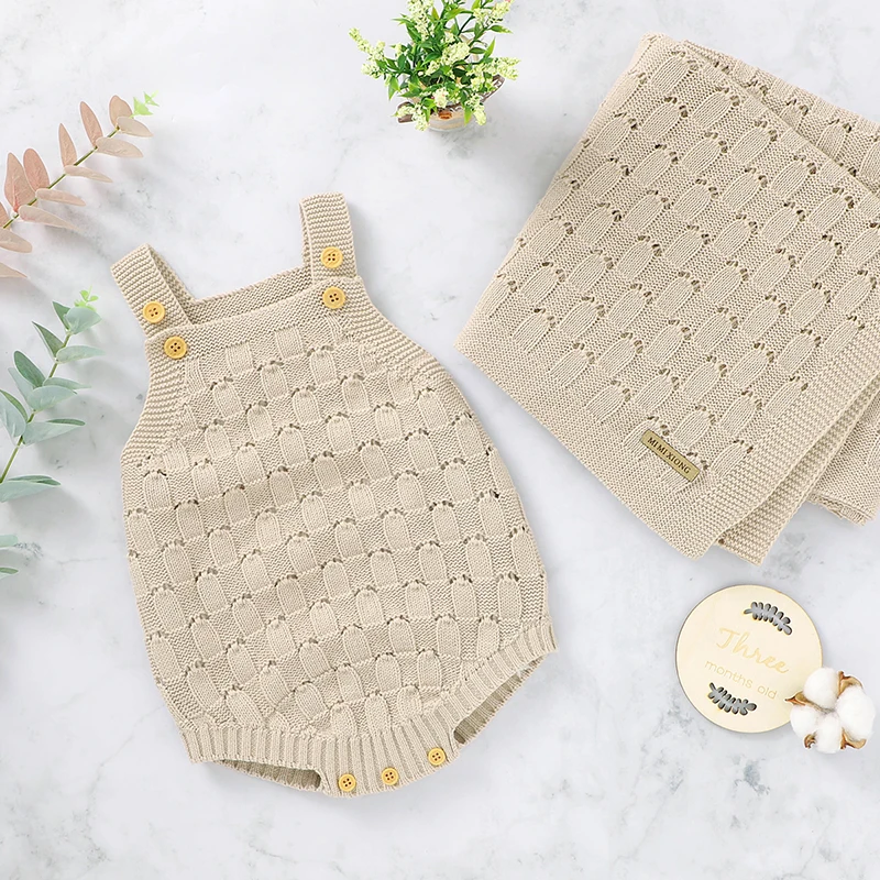 

100%Cotton Baby Clothing Set Knitted Newborn Boy Girl Bodysuit Sleeveless + Blanket 100*80CM Infant Tops + Soft Quilt Hollow Out