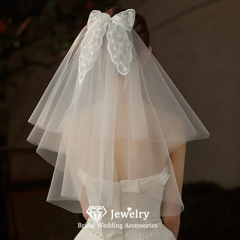 

CC Romantic Veils Women Accessories Wedding Hairwear Bridal Headdress Engagement Hair Ornaments Bow-knot Shape Short Veil V745