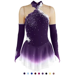 Figure Skating Dress Flower Long Sleeve Women Girls Competition Ice Skating Dress Purple Performance Dancewear With Rhinestone