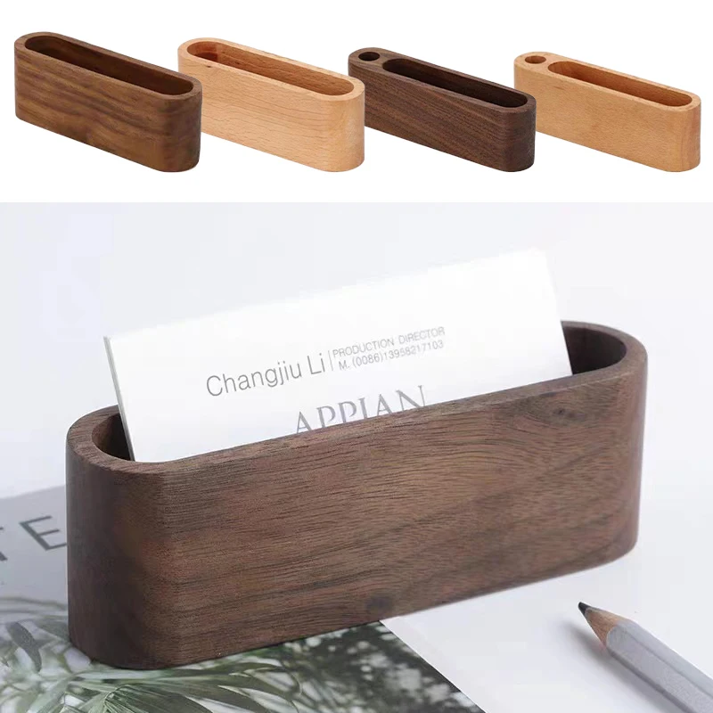 Card Display Stand Wooden Business Card Holder with Pen Slot for Office Desk