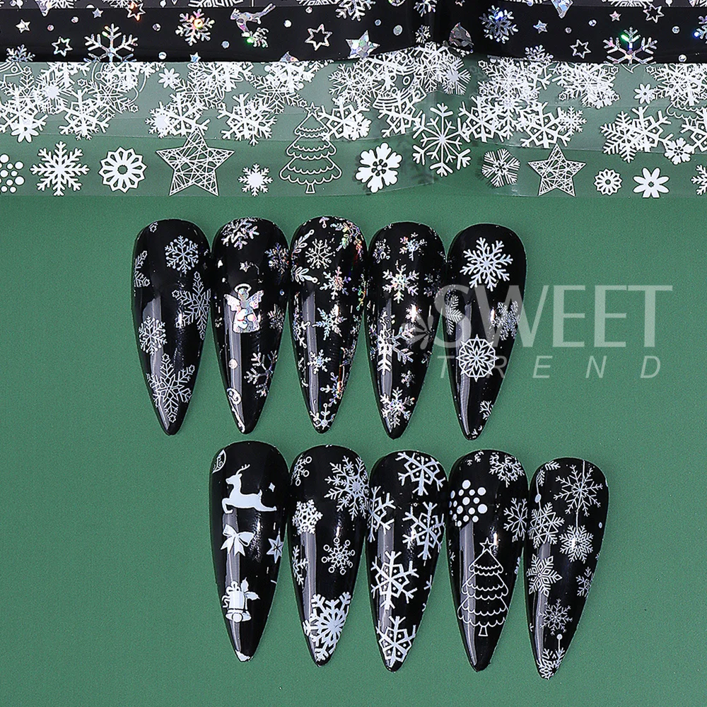 10pcs Holographic Christmas Nail Foils Set Winter New Year Stars Snowflakes Gift Xmas Tree Starry Sky Foil Transfer Sheets Decor