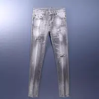 Jeans pour hommes rétro Y2KStreet Fashion, de haute qualité, extensibles, coupe slim, déchirés, peints, de marque de créateur, denim vintage, gris 2