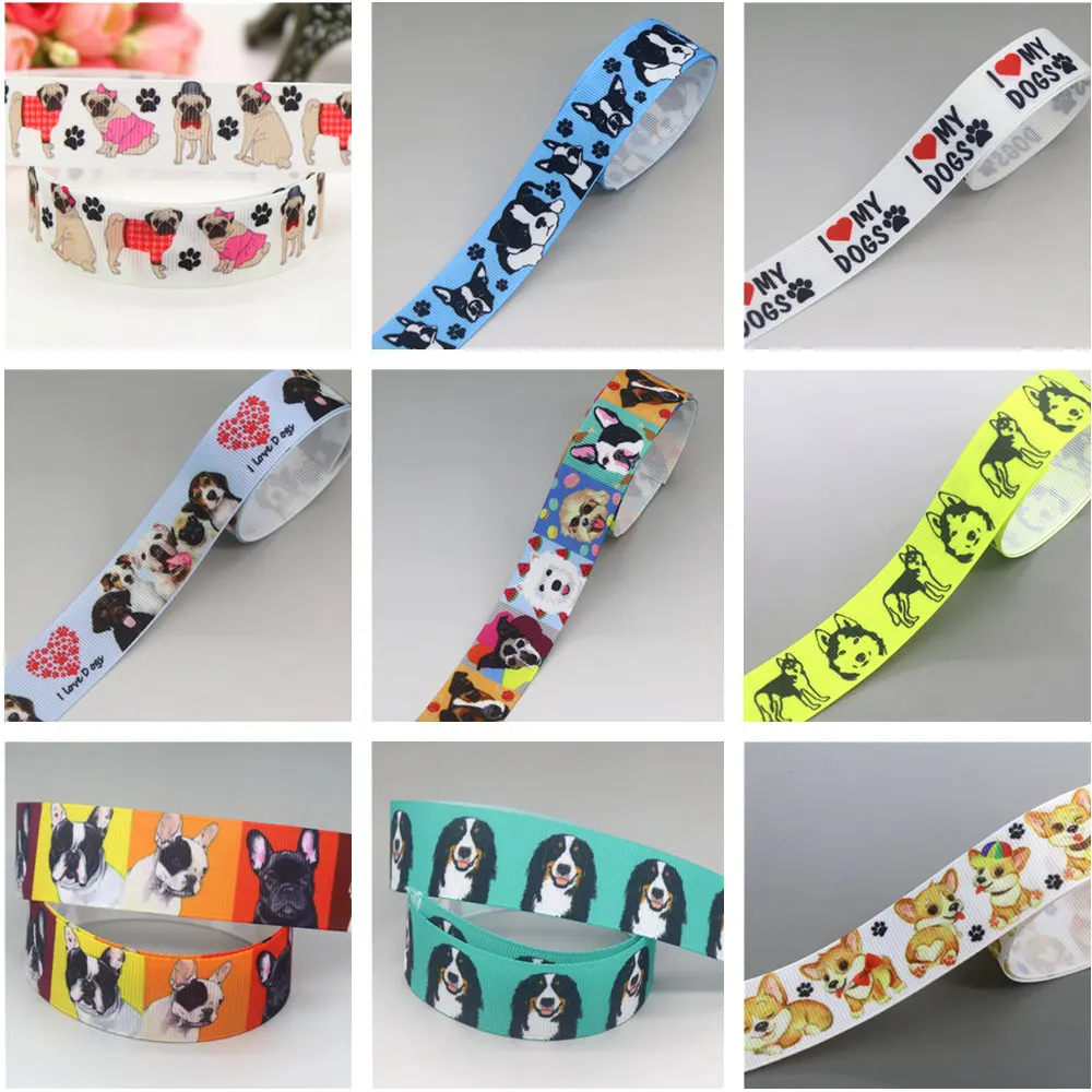 DUWES 50yards Dog Love Husky Printed Grosgrain Ribbon Accessories Headwear Decoration Collar DIY Sewing Craft D2588