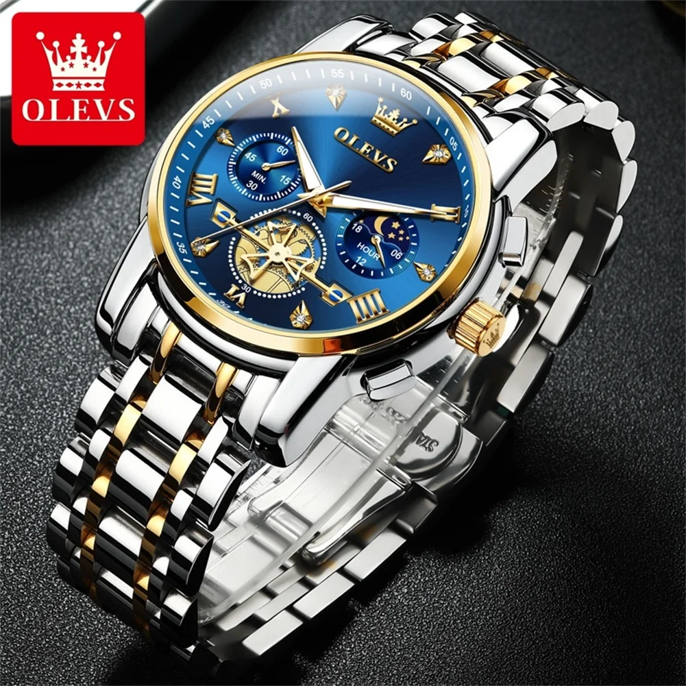 OLEVS 2856 Quartz Men's Watch Waterproof Luminous Original Dress Watch For Men Moon Phase Stainless Steel Business Wristwatch
