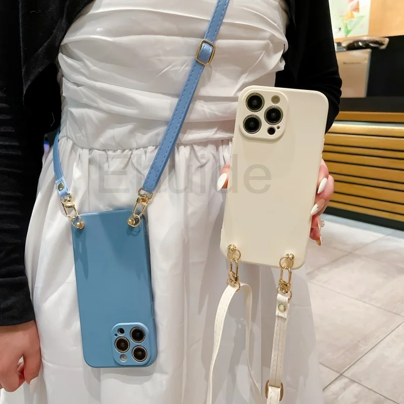 Liquid Silicone Leather Lanyard Crossbody Phone Case with Cord Strap Cover