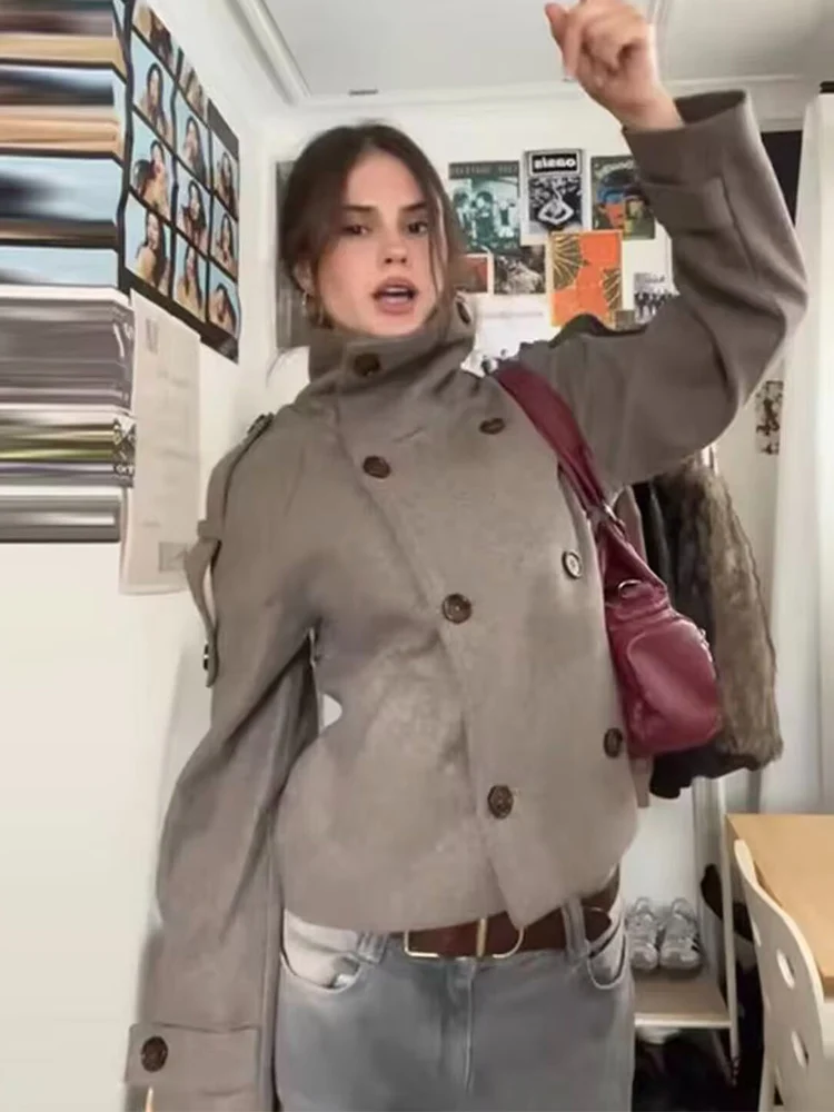 New Women High Neck Woolen Coat Double Breasted Loose 2025 Autumn Short Elegant Fashion Jacket Casual Lady Street Outerwear