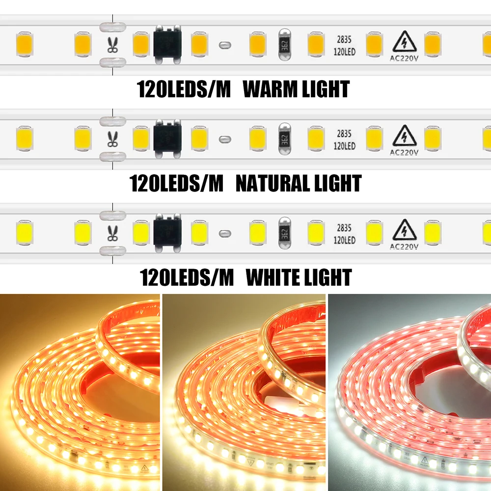 220V 디밍 가능 LED 스트립 라이트 10cm 절단형 디머 스위치 전원 키트 방수 접착 테이프 플렉스 120LEDs/M 리본형 따뜻한 자연광 백색