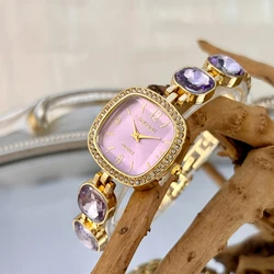 Women's Fashion Watch: Vintage Elegance with Square Diamond - Set Face and Colorful Crystal Band (Golden purple)