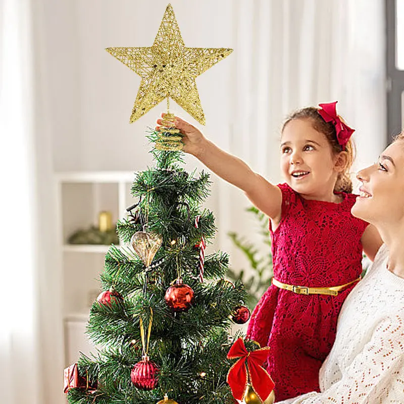 Christmas Tree Topper Star Gold Silver Glitter Five-Pointed Star Pendant Xmas Tree Top Ornaments For Home Navidad New Year Decor christmas tree decoration christmas star decoration