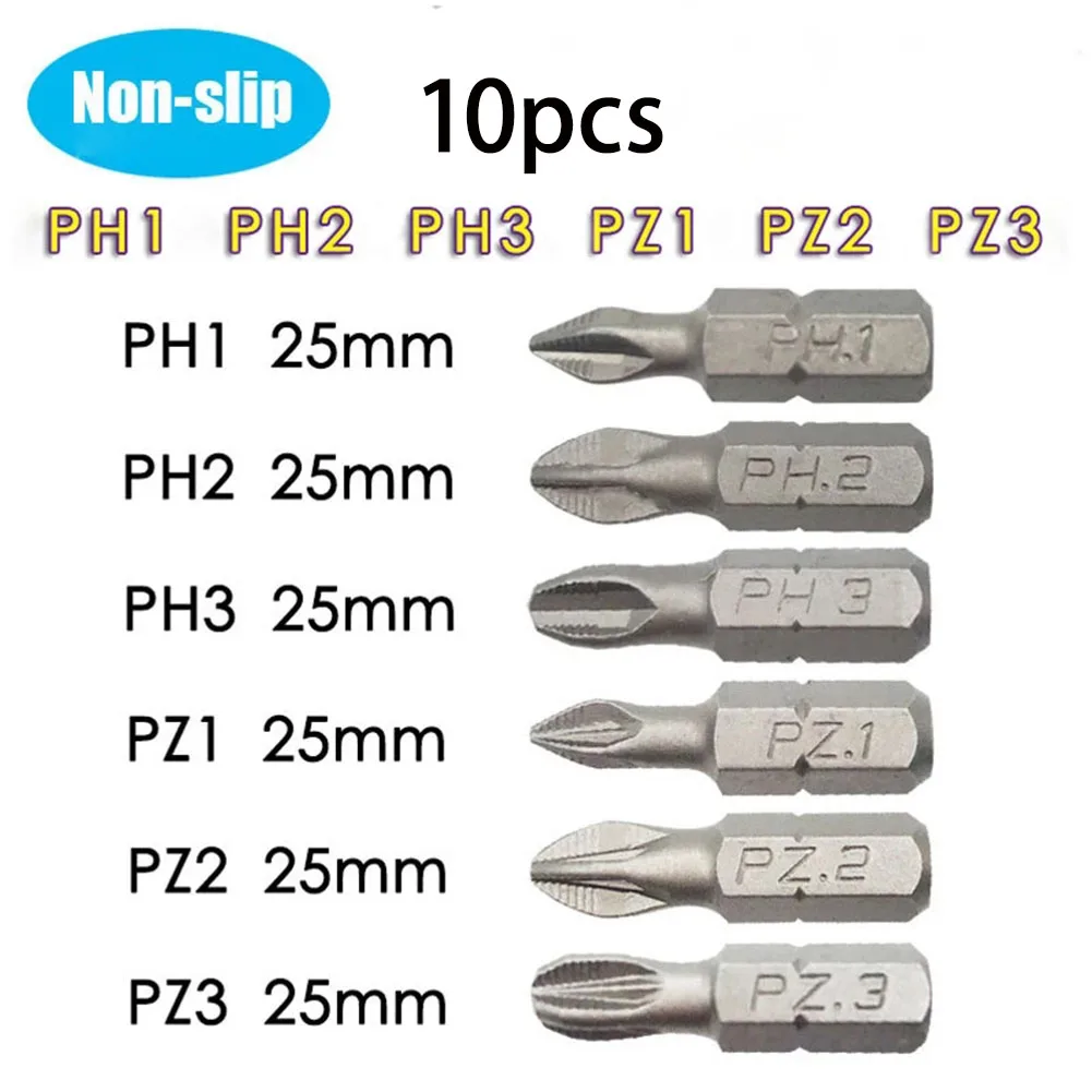 

10 шт. электрические биты для отвертки с шестигранным хвостовиком PH1 PZ1 PH2 PZ2 PH3 PZ3 магнитные противоскользящие 25 мм для электрической/ручной отвертки 1/4 дюйма