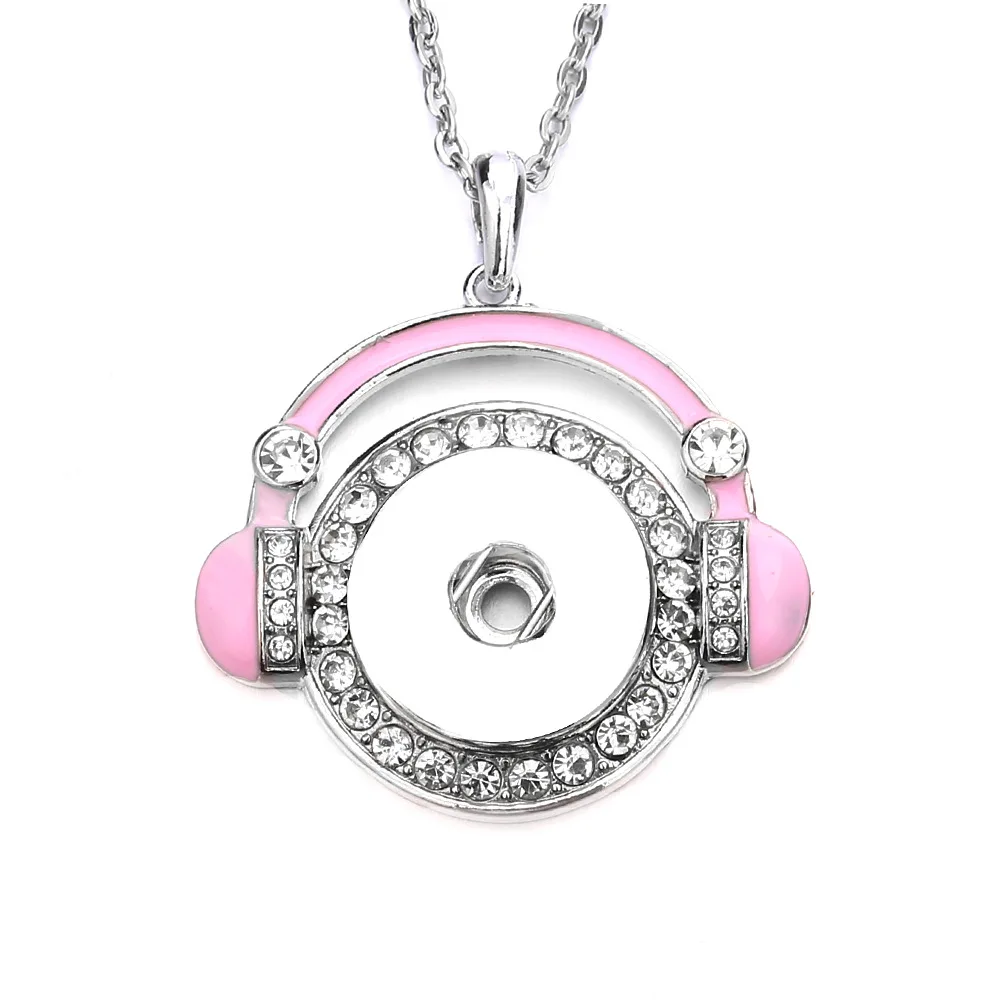 10pcs New Style Metal Crystal Bring Headphones Snap Button Pendant Necklace Fit 18MM Snap Buttons Jewelry For Women