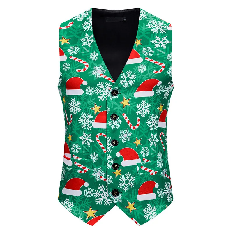 New Men's Christmas Printed Suit Vest Wedding Banquet Party Dress VCollar Fashion Blazer Waistcoat Vest