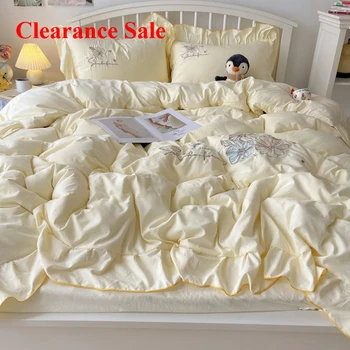 Nuovo pizzo ricamato piccolo fresco e carino ragazza cuore letto set di quattro pezzi cotone lavato lenzuolo estivo copripiumino cappello da letto 1