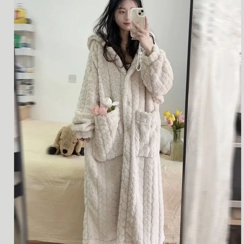 Pocket Robe for Women Sleepwear Winter Nightdress Night Wears Warm Fleece Pajama One Piece Nightgown Hooded Sleeping Homewear women sleepwear,sleepwear pajamas