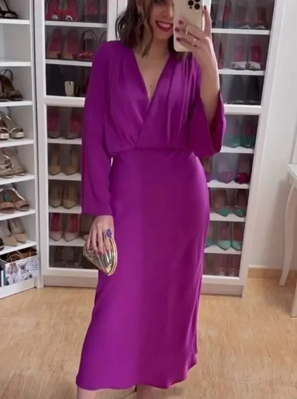 

Women Solid V-Neck Midi Dress Elegant Loose Long Sleeve Robes Vestidos 2023 Spring New Female High Waist Vacation Party Dresses