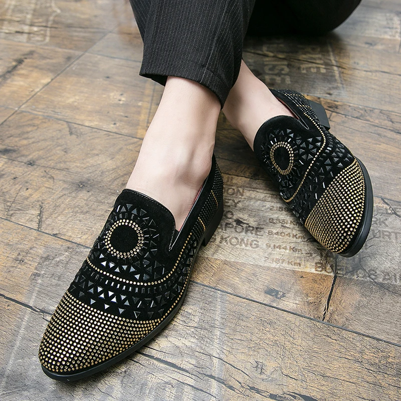 Brand Noble Black Rhinestone Men Dress Shoes Velvet Crystal Luxury Moccasins Mens Loafers Office Business Party Man casual Shoes 4