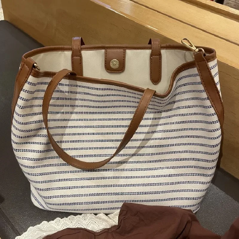 stripe Print Canvas Tote Bag Large Capacity Fashion Shoulder Crossbody Bag for School Work Shopping Retro Tote Handbag