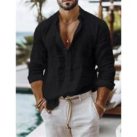 Chemise en lin pour hommes, chemise d'été, chemise à boutons en mélange de coton et de lin, chemise décontractée de vacances de couleur unie, bleu, blanc, noir, rose 3