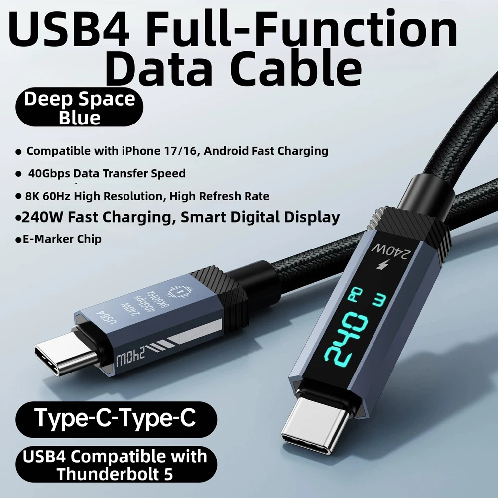 PD240W 8K60Hz E-Marker 칩 디지털 디스플레이 40Gbps 썬더볼트 USB4 타입 C 고속 충전 케이블 (아이폰 15, 16, 17, 태블릿, 노트북용)