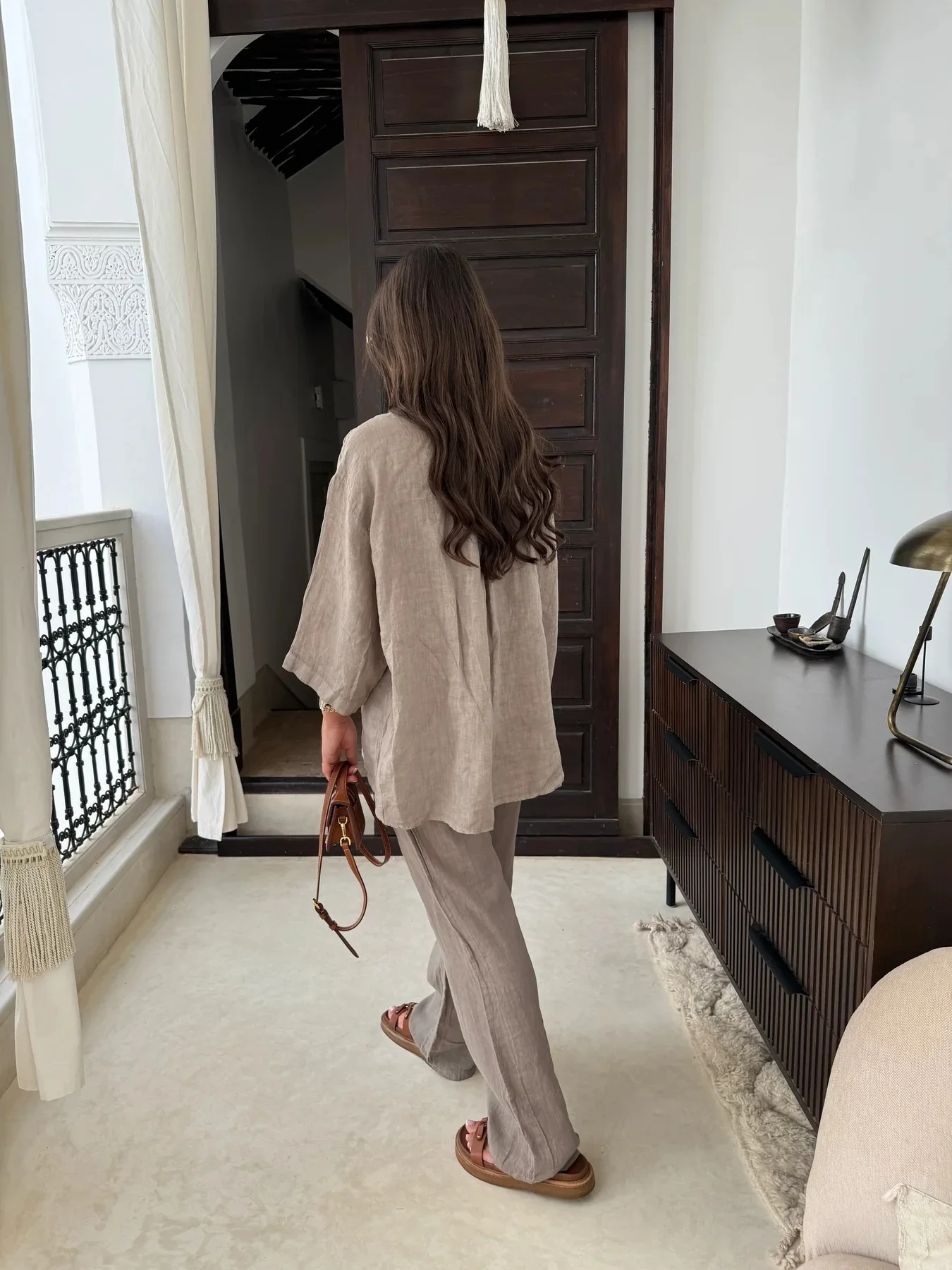 Effen Loose Pants Suit Lapel Single Breasted Long Mouw Wide Leg Pants 2-Piece Set 2025 New Women Streetwear – Detail 5