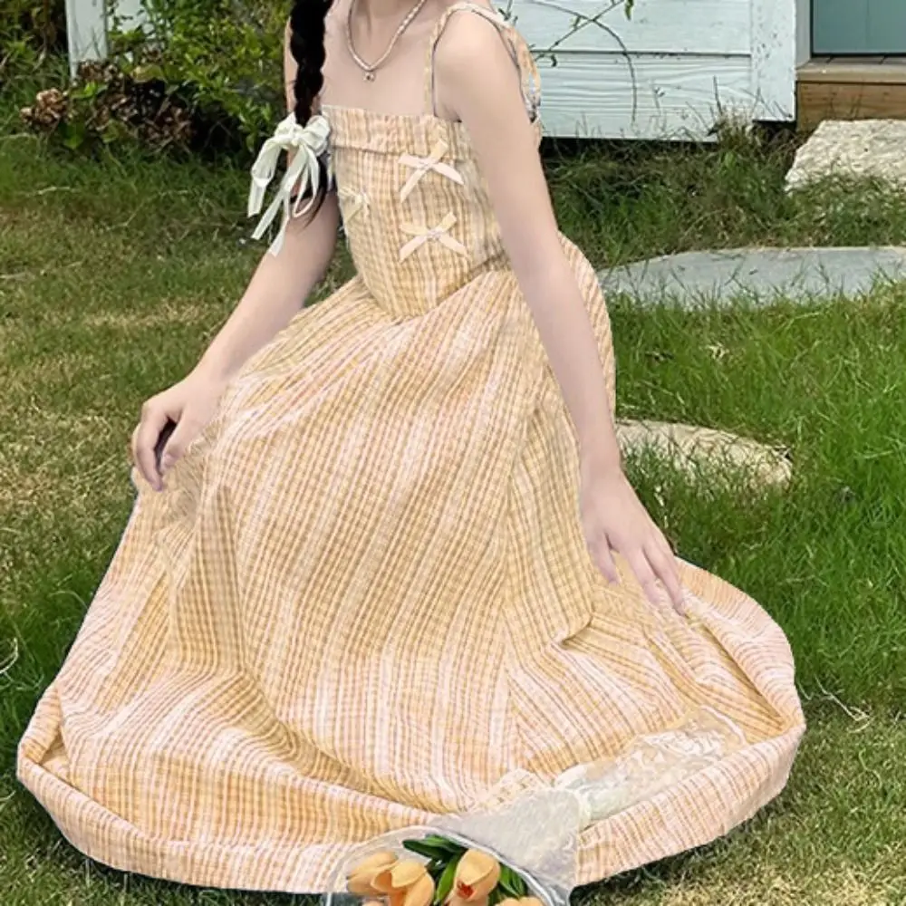 Fashion Loose Girls Princess Grid Dress Teenagers Beach Vacation Summer Kids Dresses Sweet Party Children Sling Dress Students