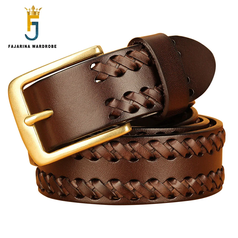 FAJARINA 2022 Men's Unique Design Personality Woven Cow Skin Brass Pin Buckle Metal Top Quality Cowhide Belts for Men N17FJ1184