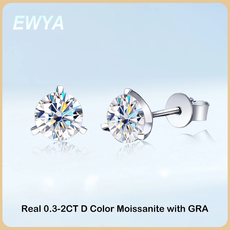 

EWYA 925 Sterling Silver 3 Prong Moissanite Stud Earrings 1ct D VVS1 Diamond with GRA for Women Wedding Party Fine Jewelry Gift